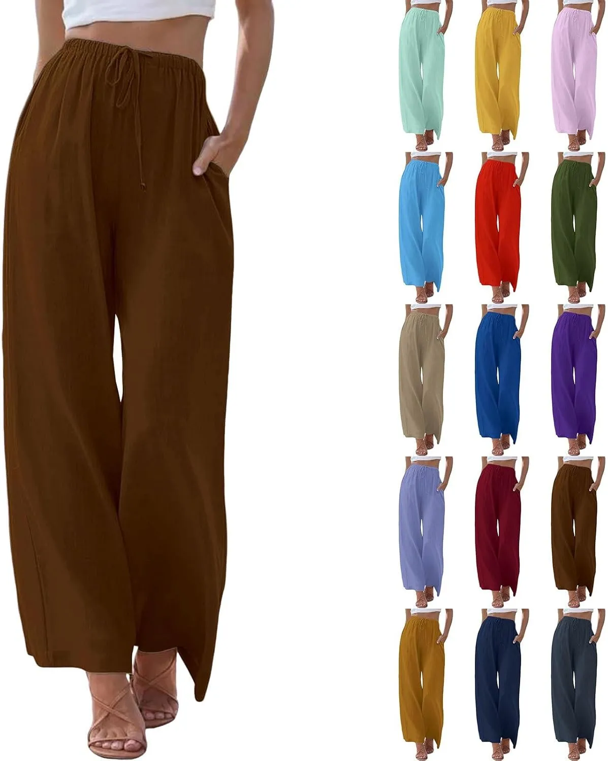 Women's 2025 Summer Linen Palazzo Pants High Waisted Flowy Wide Leg Beach Pants Palazzo Lounge Pant Trousers with Pocket