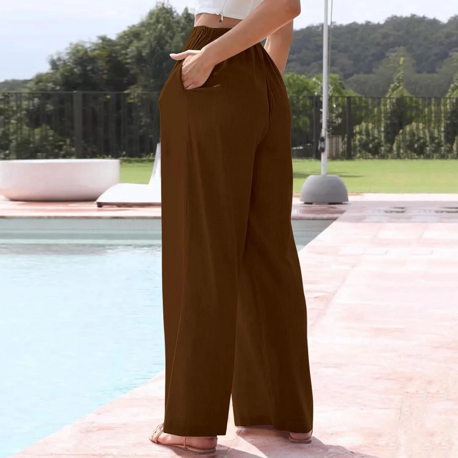 Women's 2025 Summer Linen Palazzo Pants High Waisted Flowy Wide Leg Beach Pants Palazzo Lounge Pant Trousers with Pocket