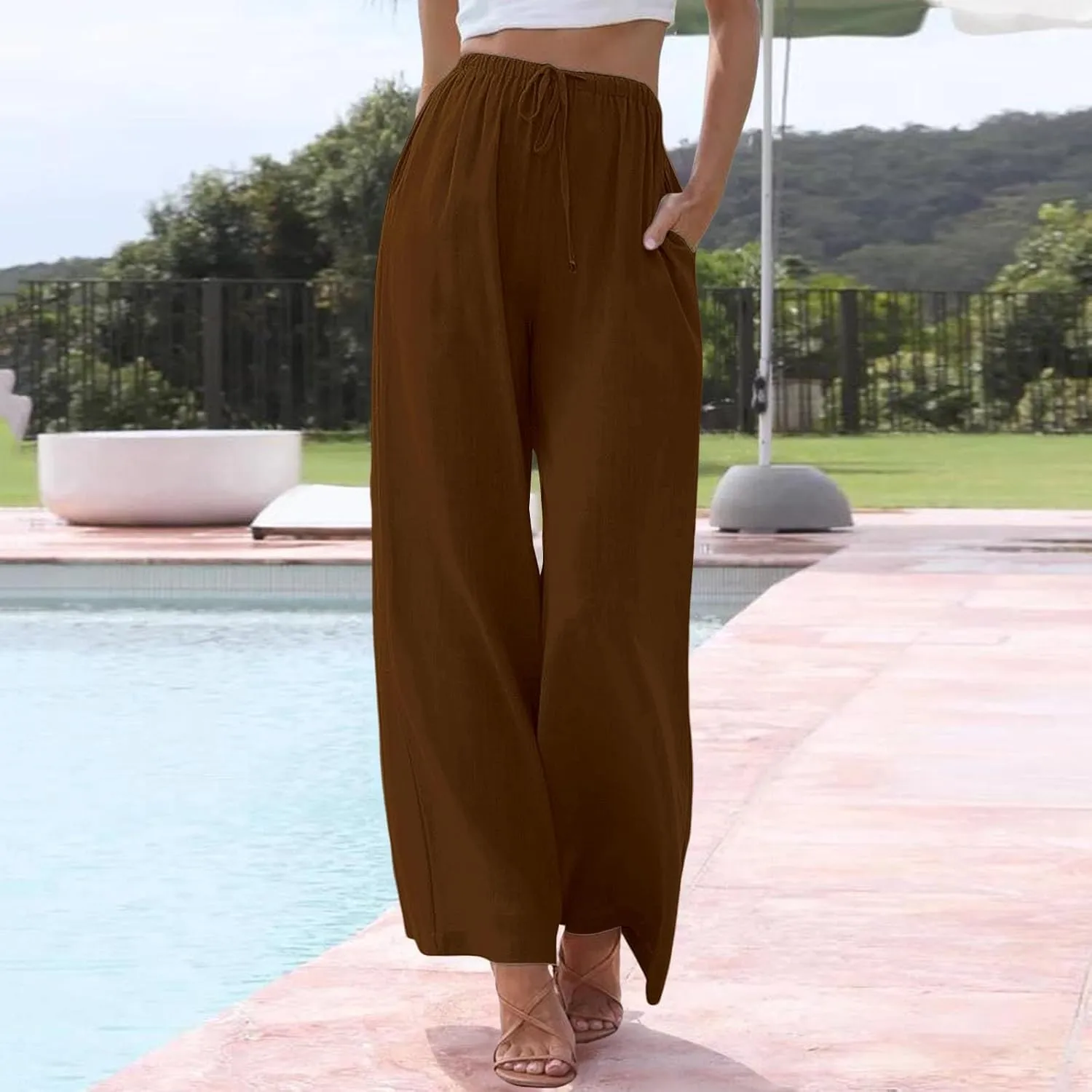 Women's 2025 Summer Linen Palazzo Pants High Waisted Flowy Wide Leg Beach Pants Palazzo Lounge Pant Trousers with Pocket