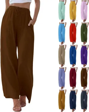 Women's 2025 Summer Linen Palazzo Pants High Waisted Flowy Wide Leg Beach Pants Palazzo Lounge Pant Trousers with Pocket