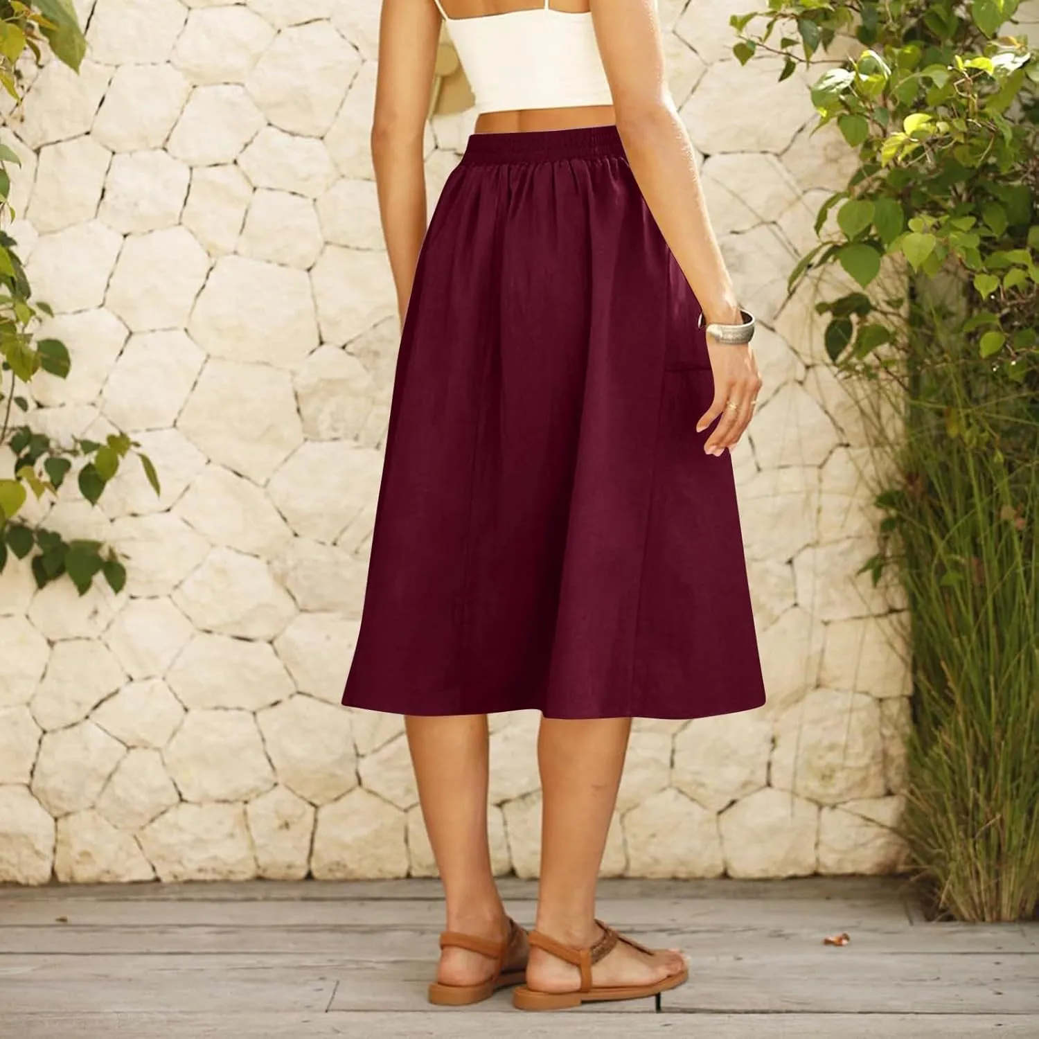 Womens A Line Midi Skirt Vintage Front Button Swing Skirt Summer Casual High Waisted Pleated Midi Skirt with Pockets
