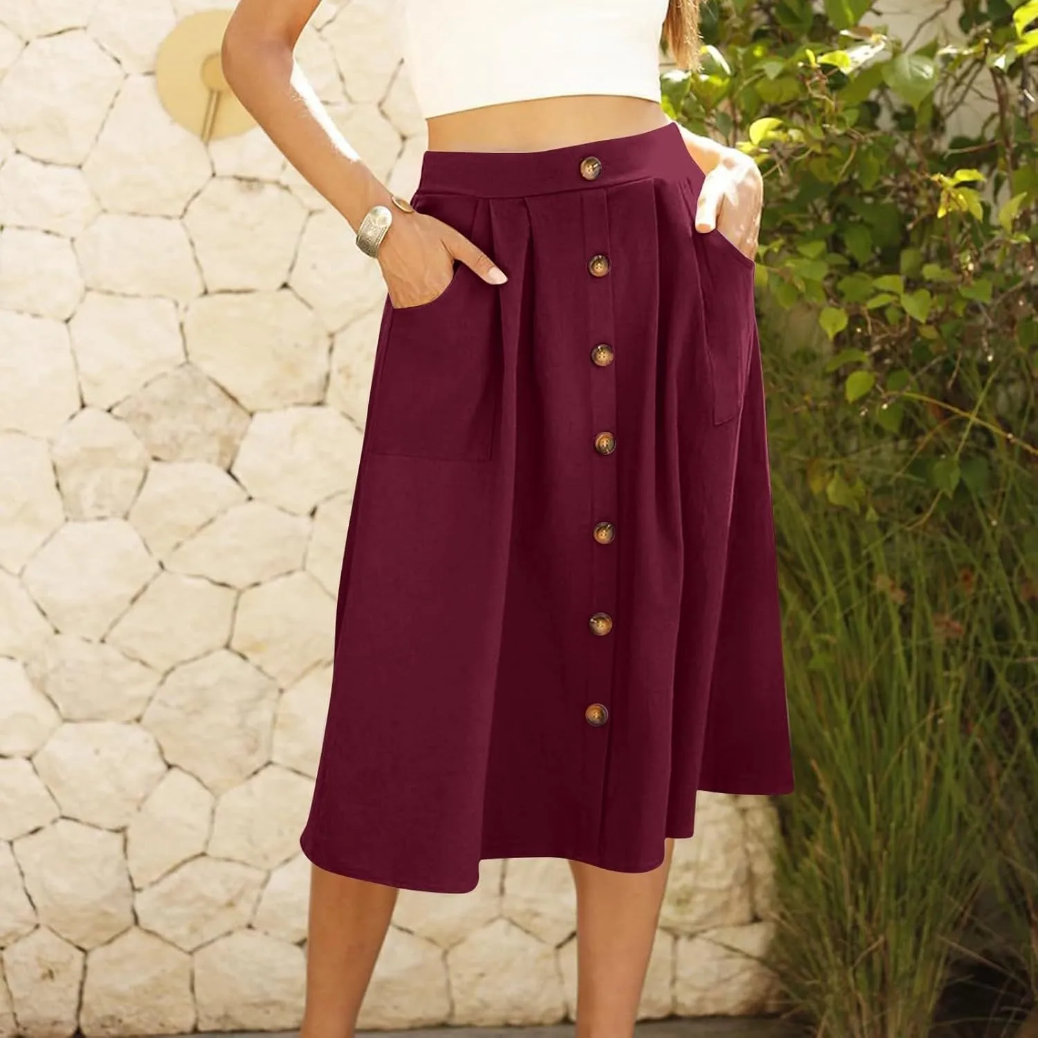 Womens A Line Midi Skirt Vintage Front Button Swing Skirt Summer Casual High Waisted Pleated Midi Skirt with Pockets