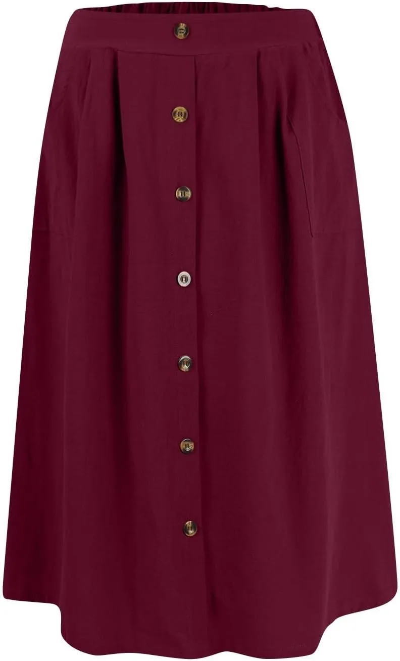 Womens A Line Midi Skirt Vintage Front Button Swing Skirt Summer Casual High Waisted Pleated Midi Skirt with Pockets