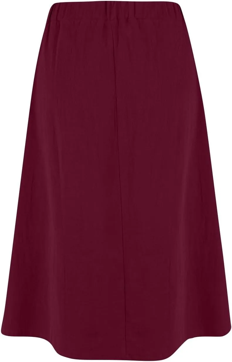 Womens A Line Midi Skirt Vintage Front Button Swing Skirt Summer Casual High Waisted Pleated Midi Skirt with Pockets