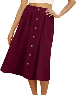 Womens A Line Midi Skirt Vintage Front Button Swing Skirt Summer Casual High Waisted Pleated Midi Skirt with Pockets