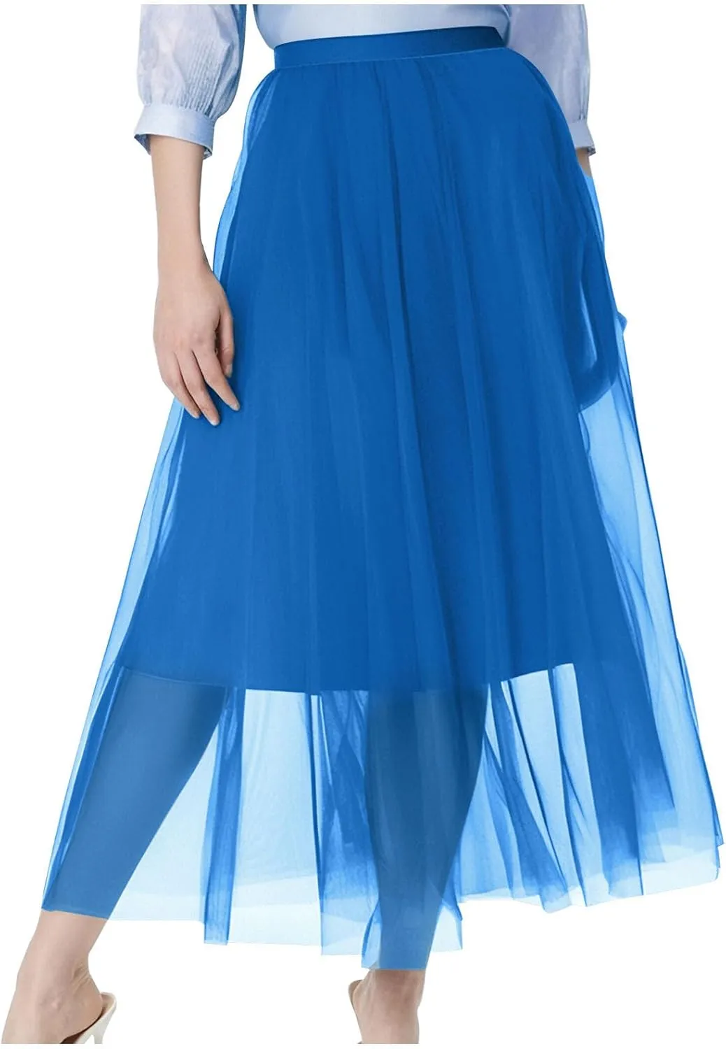 Women's A Line Tulle Midi Skirt Tutu Tiered Petticoat Skirts Tea-Length Elastic Waist Tutu Skirt Mesh Flowy Dress