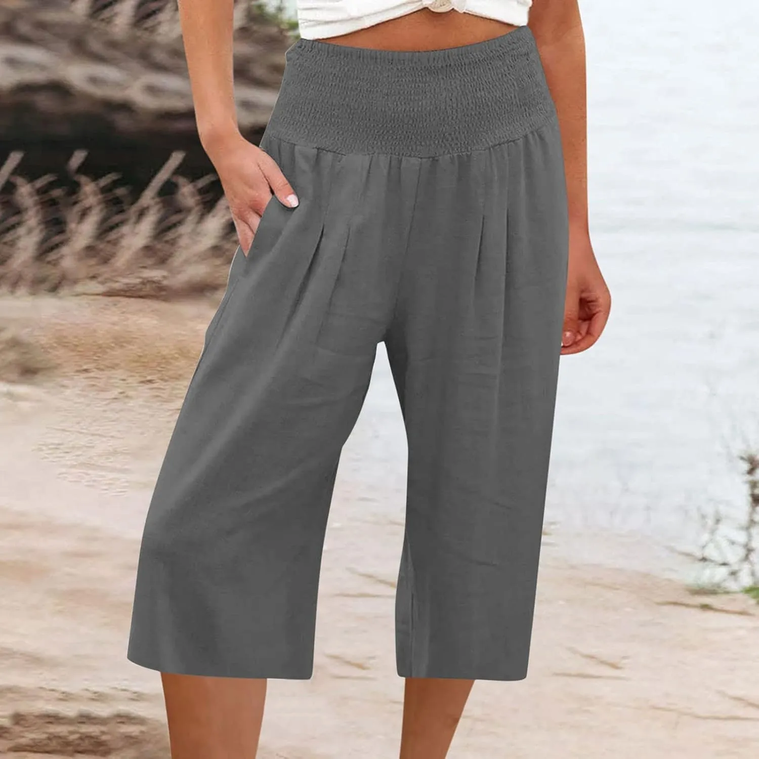 Women's Black Linen Capri Pants, Plus Size Summer Clothes, Palazzo Pants for Women