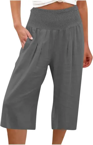 Women's Black Linen Capri Pants, Plus Size Summer Clothes, Palazzo Pants for Women