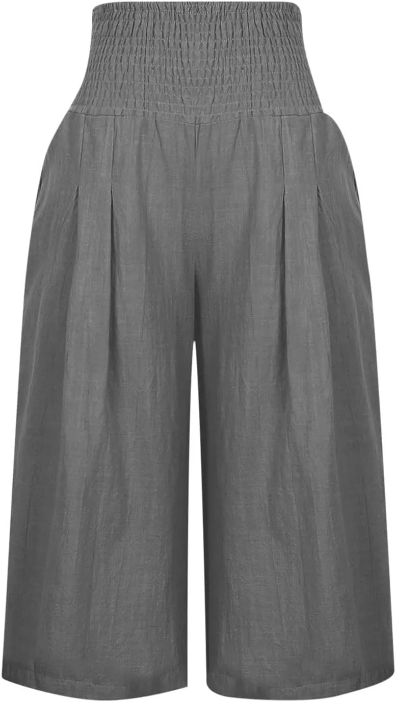 Women's Black Linen Capri Pants, Plus Size Summer Clothes, Palazzo Pants for Women