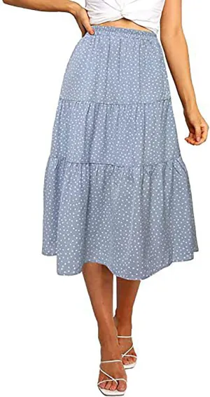 Women's Bohemia Elastic Waist Midi Skirts Polka Dot Leopard Print A Line Long Pleated Casual Beach Skirt