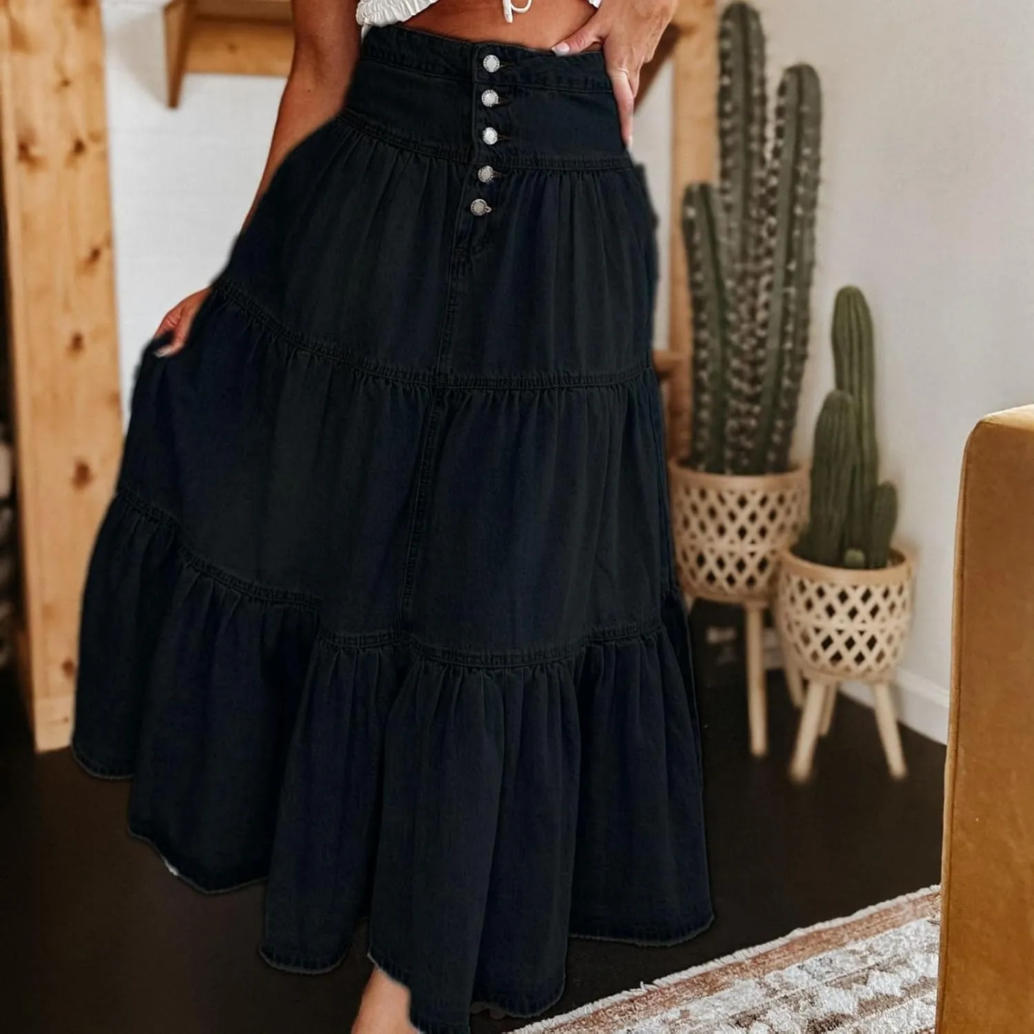 Womens Boho Denim Midi Skirt Retro High Waist Tiered Ruffle Swing A-Line Pleated Summer Beach Long Jean Skirt