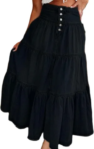 Womens Boho Denim Midi Skirt Retro High Waist Tiered Ruffle Swing A-Line Pleated Summer Beach Long Jean Skirt