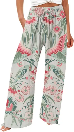 Women's Boho Wide Leg Palazzo Pants Womens Cotton Casual Loose Pants Comfy Work Pants with Long Casual Wide Leg