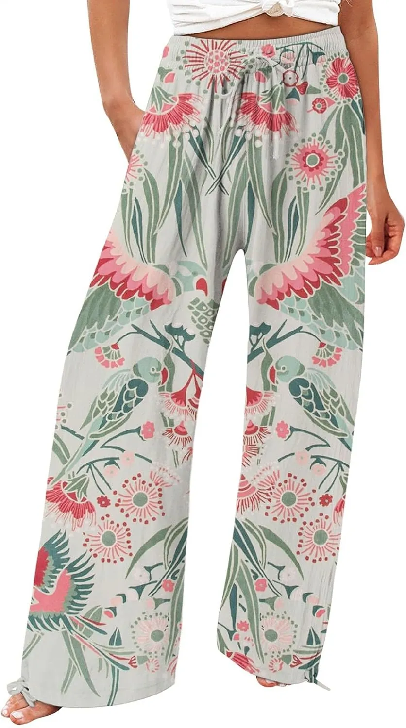 Women's Boho Wide Leg Palazzo Pants Womens Cotton Casual Loose Pants Comfy Work Pants with Long Casual Wide Leg