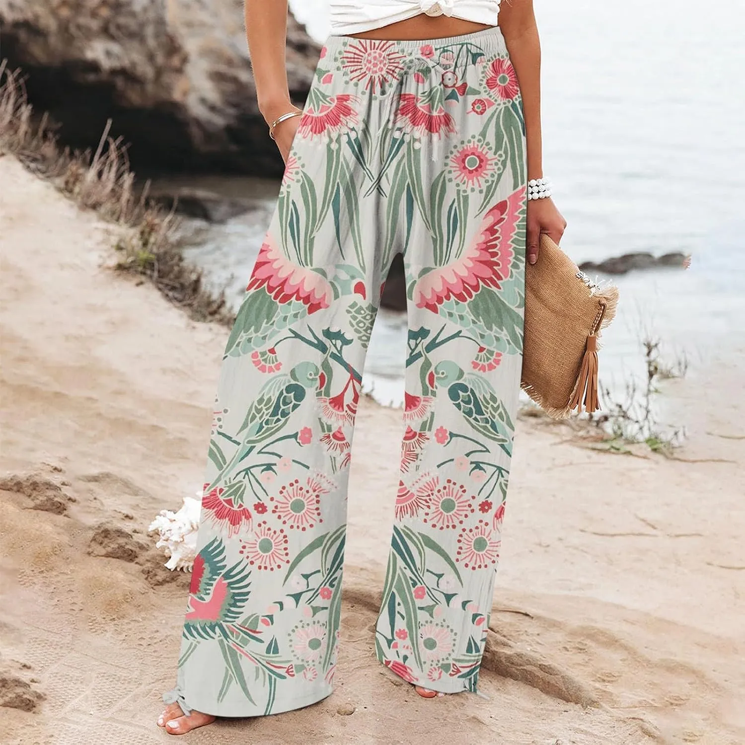 Women's Boho Wide Leg Palazzo Pants Womens Cotton Casual Loose Pants Comfy Work Pants with Long Casual Wide Leg
