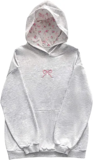 Women's Bowknot Embroidered Oversized Hoodies Long Sleeve Drop Shoulder Hooded Sweatshirts