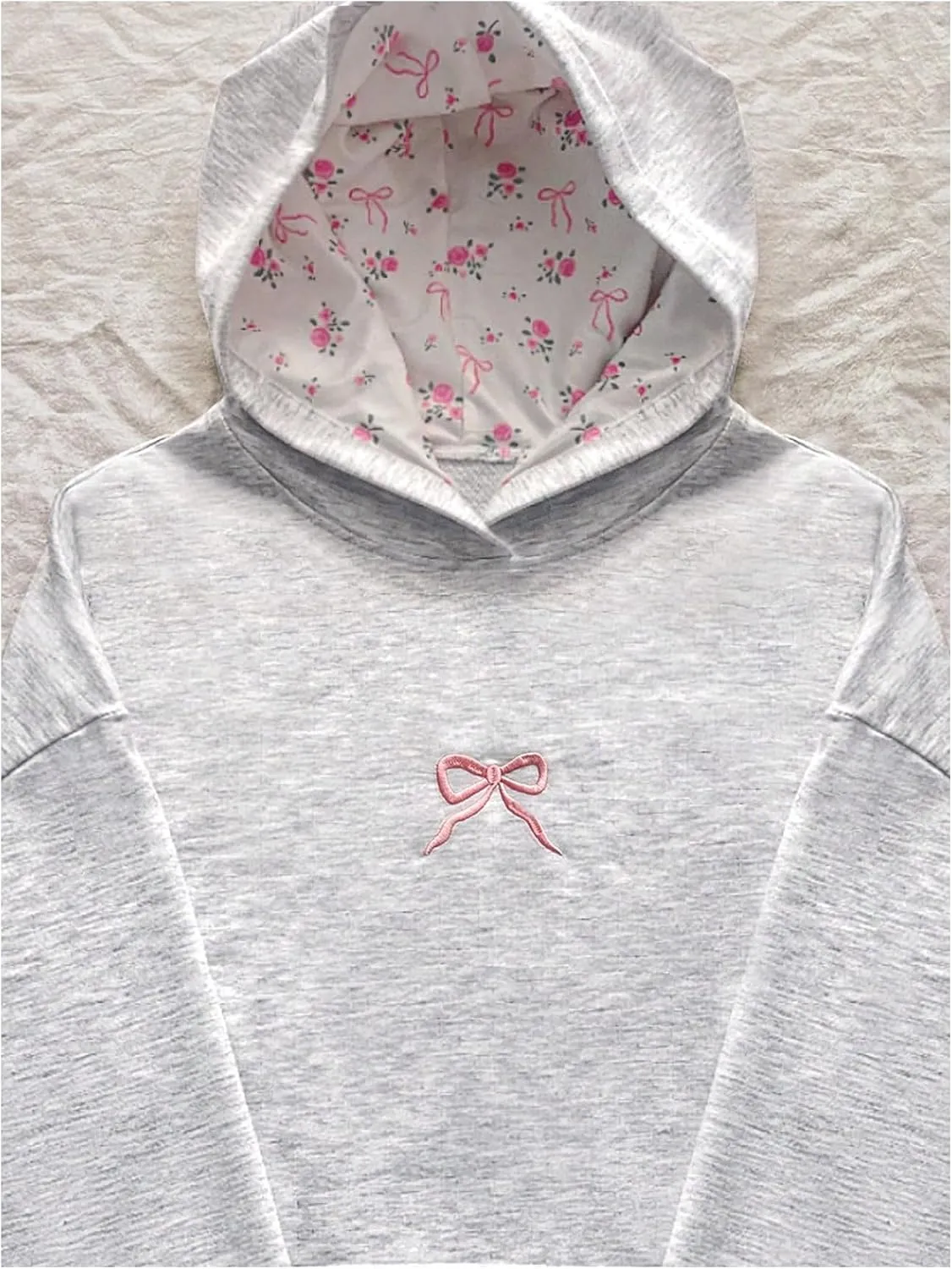 Women's Bowknot Embroidered Oversized Hoodies Long Sleeve Drop Shoulder Hooded Sweatshirts