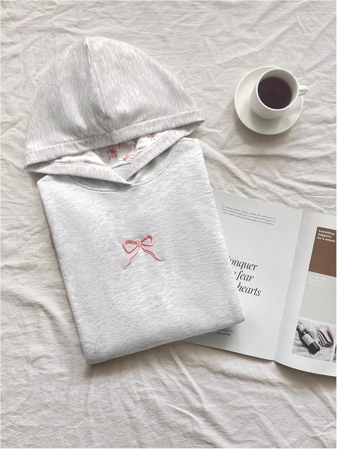 Women's Bowknot Embroidered Oversized Hoodies Long Sleeve Drop Shoulder Hooded Sweatshirts