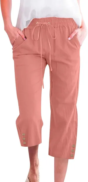 Womens Capris Pants High Waist Drawstring Comfy Casual Pants Lightweight Loose Trousers Buttons Trim with Pockets