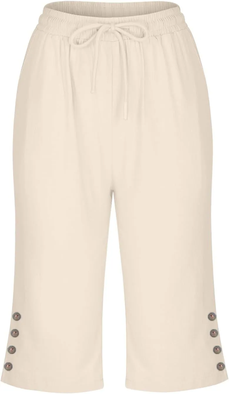 Womens Capris Pants High Waist Drawstring Comfy Casual Pants Lightweight Loose Trousers Buttons Trim with Pockets