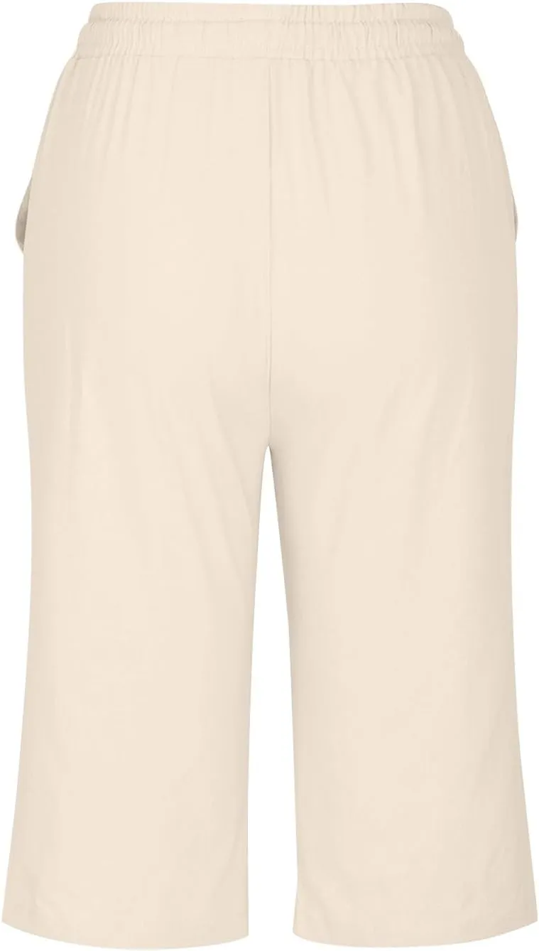 Womens Capris Pants High Waist Drawstring Comfy Casual Pants Lightweight Loose Trousers Buttons Trim with Pockets