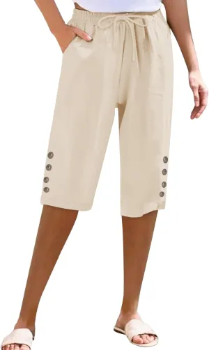 Womens Capris Pants High Waist Drawstring Comfy Casual Pants Lightweight Loose Trousers Buttons Trim with Pockets