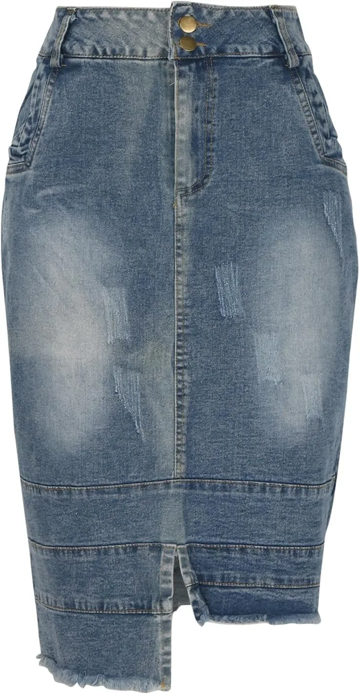 Women's Casual Asymmetrical Jeans Skirt Fashion Irregular Hem High Waist Washed Bodycon Denim Midi Skirt with Pocket