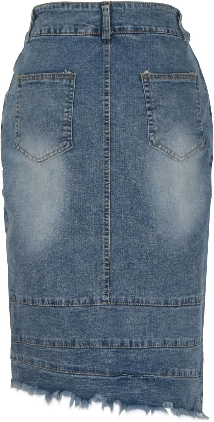 Women's Casual Asymmetrical Jeans Skirt Fashion Irregular Hem High Waist Washed Bodycon Denim Midi Skirt with Pocket