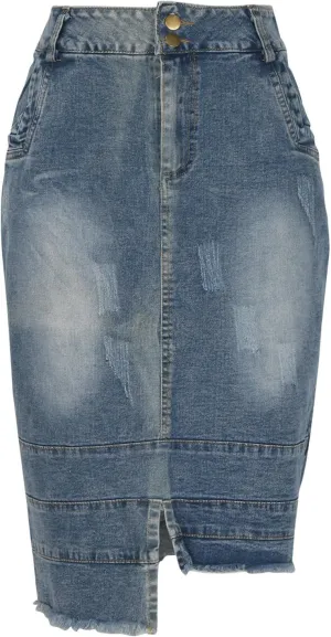 Women's Casual Asymmetrical Jeans Skirt Fashion Irregular Hem High Waist Washed Bodycon Denim Midi Skirt with Pocket