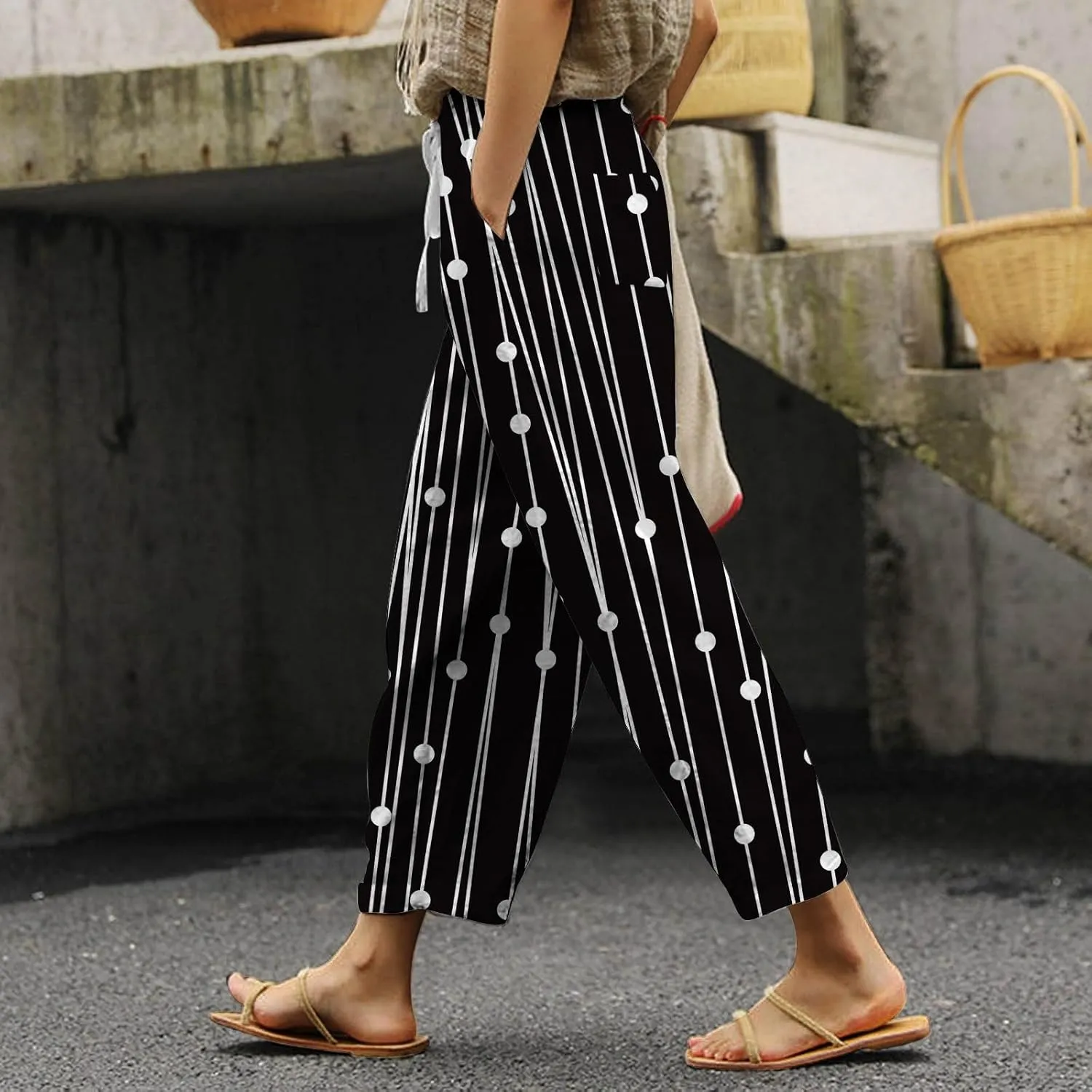 Womens Casual Cotton Linen Pants Drawstring Elastic Waist Lounge Pants Dot Printed Loose Fit Summer Beach Trousers