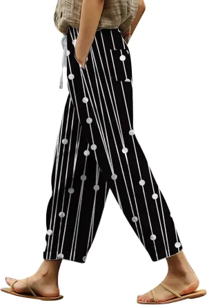 Womens Casual Cotton Linen Pants Drawstring Elastic Waist Lounge Pants Dot Printed Loose Fit Summer Beach Trousers
