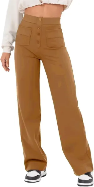 Womens Casual High Waist Straight Leg Pants Stretchy Button Business Dress Work Pocket Trousers