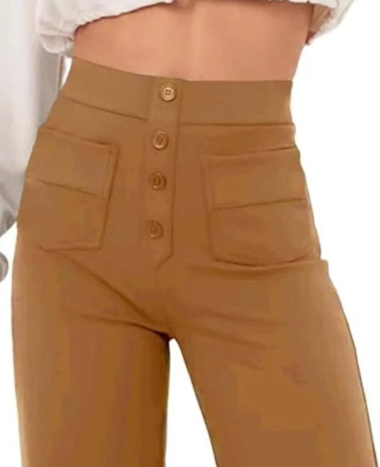 Womens Casual High Waist Straight Leg Pants Stretchy Button Business Dress Work Pocket Trousers