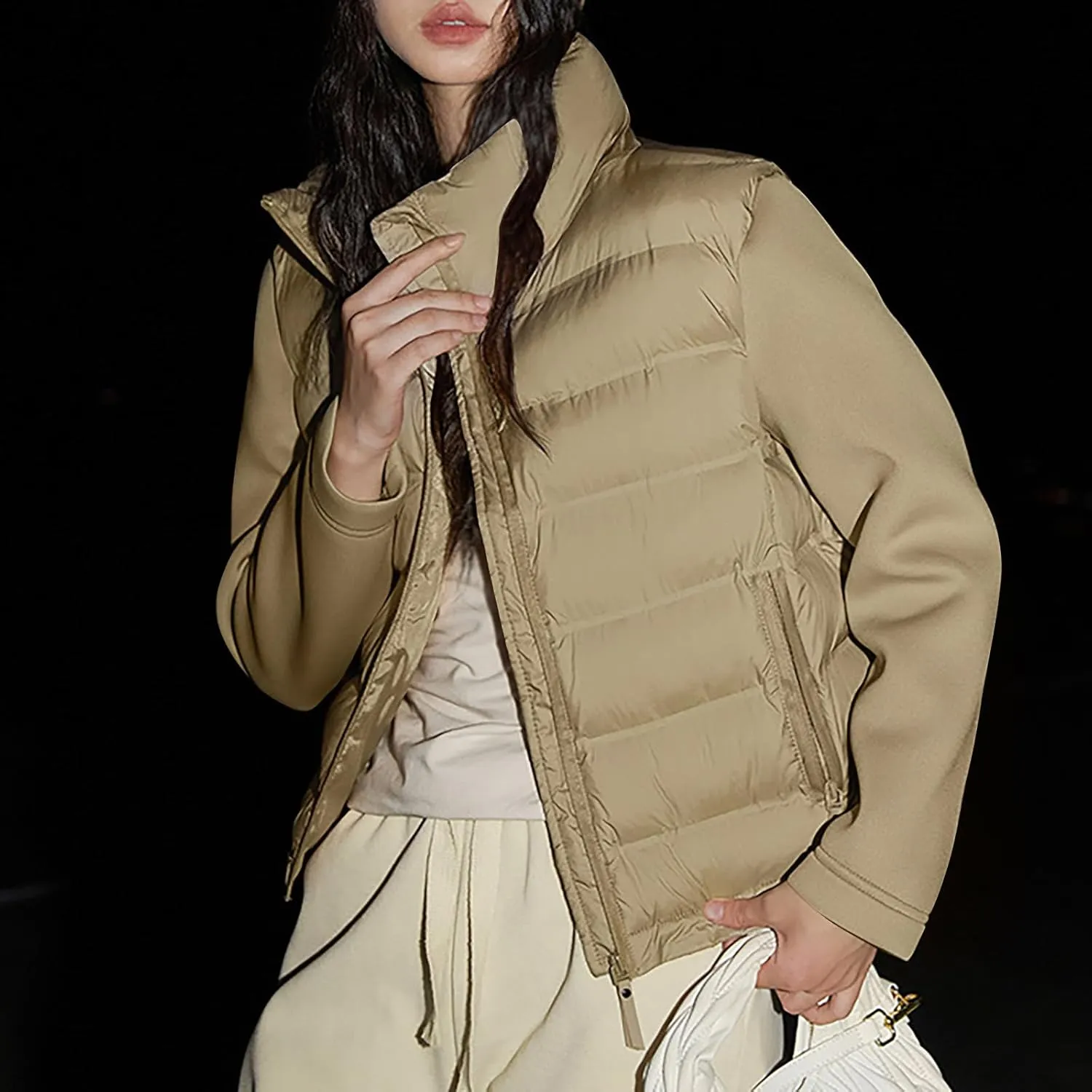 Womens Casual Winter Coats Zip Up Patchwork Cotton Jacket Solid Color Quilted Padded Wadded Puffer Jackets