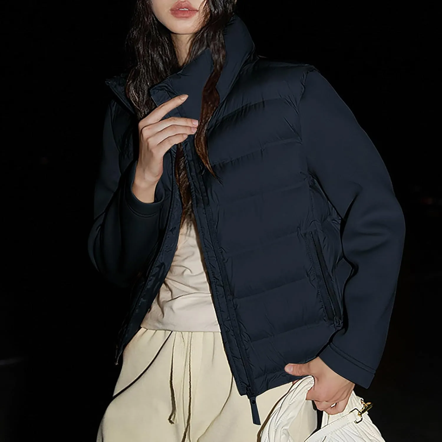 Womens Casual Winter Coats Zip Up Patchwork Cotton Jacket Solid Color Quilted Padded Wadded Puffer Jackets