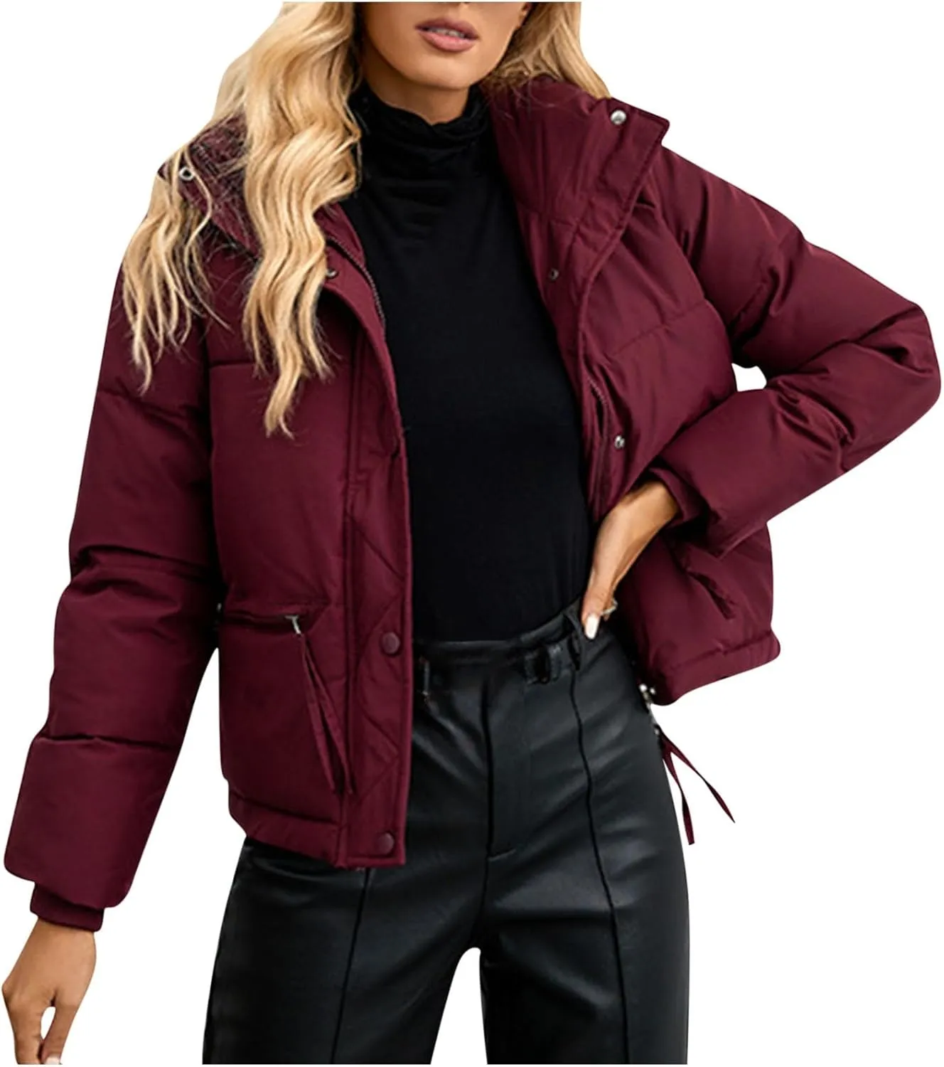 Women's Casual Zip Snap Cotton Down Puffer Jacket Winter Warm Stand Collar Pockets Short Coat Padded Quilted Outerwear