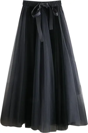 Women's Color Block Tulle Skirt Formal Pleated Flowy Midi Length Elastic Waist Tutu Layered Puffy Bow Fairy Skirts