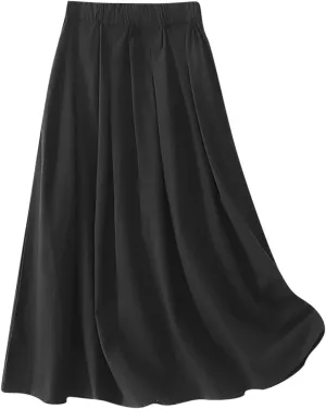 Women's Cotton Basic Midi Skirts Summer Casual Elastic High Waist Flowy A-Line Skirts Boho Swing Pleated Beach Skirt