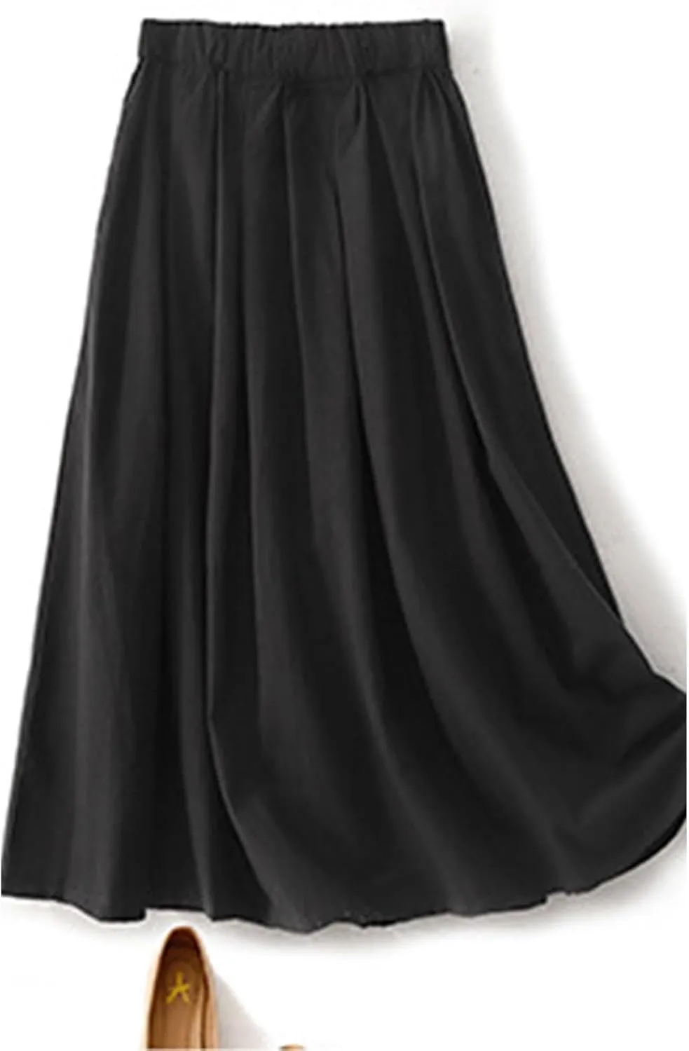 Women's Cotton Basic Midi Skirts Summer Casual Elastic High Waist Flowy A-Line Skirts Boho Swing Pleated Beach Skirt