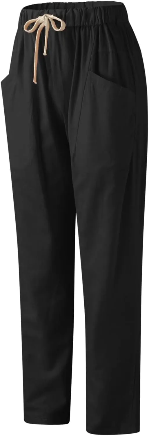 Womens Cotton Linen Capri Pants Drawstring Elastic Waist Casual Loose Cropped Trousers Summer Jogger Hiking Quick Dry Pants