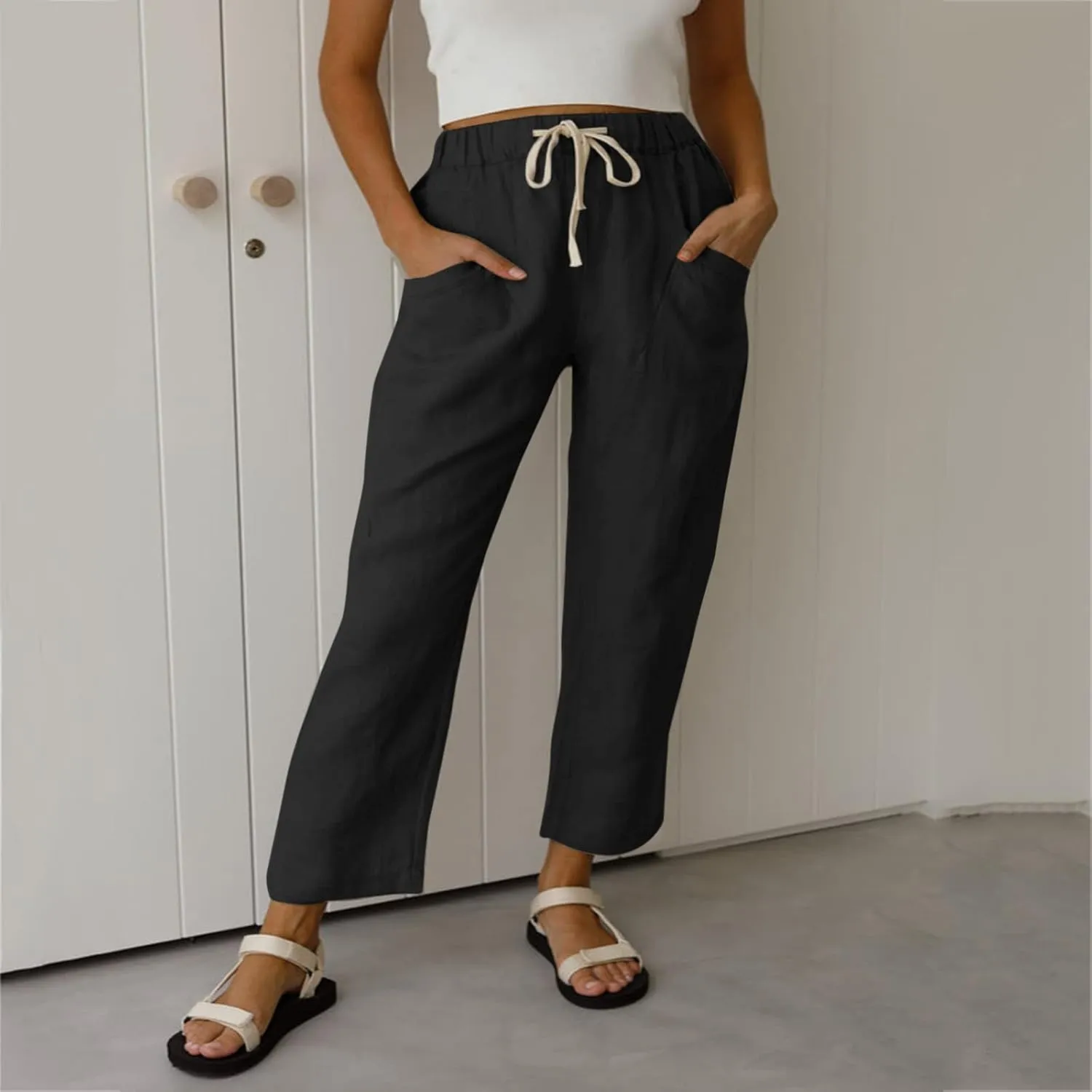 Womens Cotton Linen Capri Pants Drawstring Elastic Waist Casual Loose Cropped Trousers Summer Jogger Hiking Quick Dry Pants