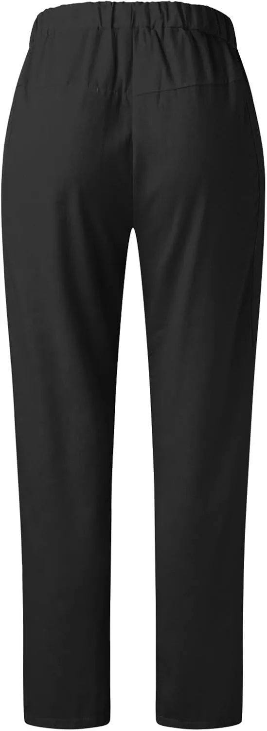 Womens Cotton Linen Capri Pants Drawstring Elastic Waist Casual Loose Cropped Trousers Summer Jogger Hiking Quick Dry Pants