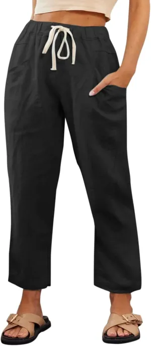 Womens Cotton Linen Capri Pants Drawstring Elastic Waist Casual Loose Cropped Trousers Summer Jogger Hiking Quick Dry Pants