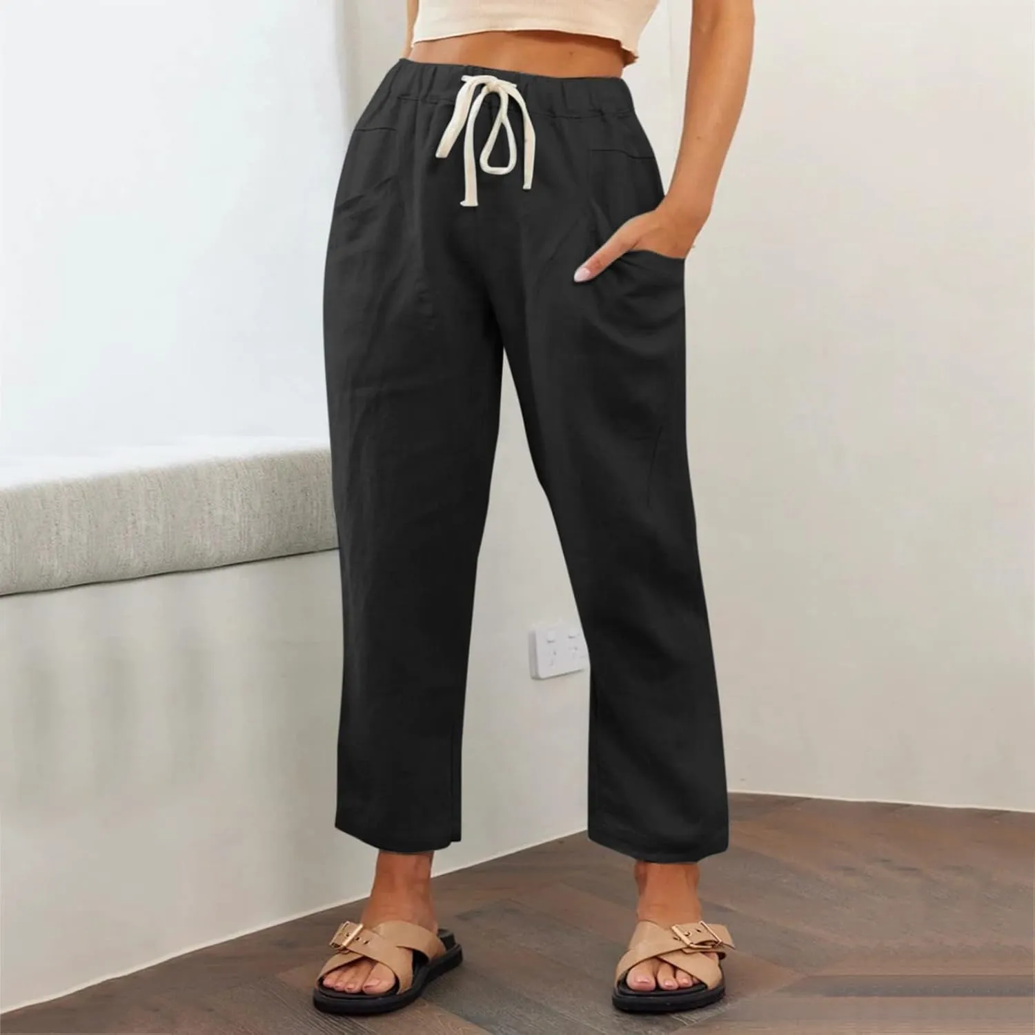 Womens Cotton Linen Capri Pants Drawstring Elastic Waist Casual Loose Cropped Trousers Summer Jogger Hiking Quick Dry Pants