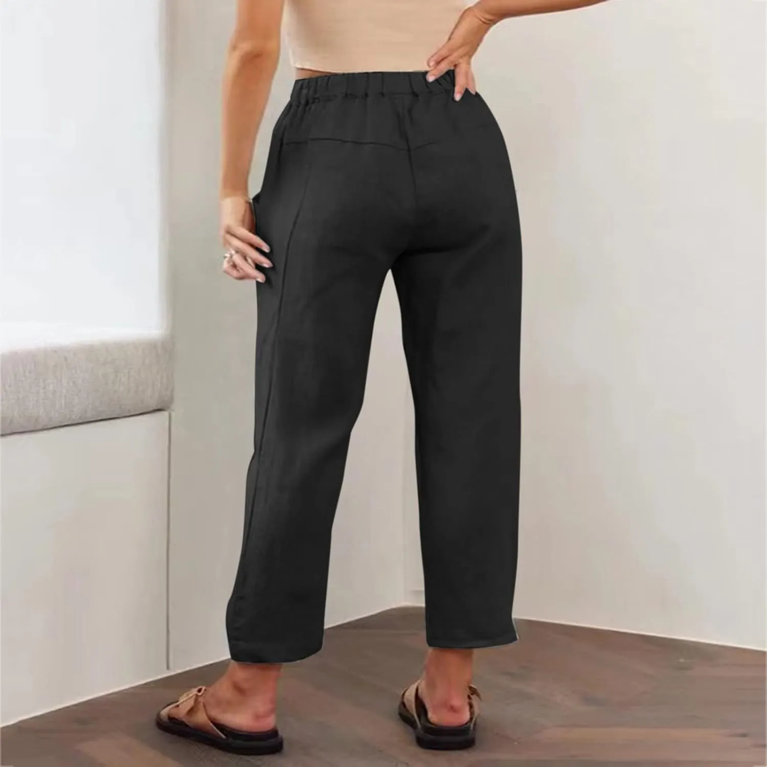 Womens Cotton Linen Capri Pants Drawstring Elastic Waist Casual Loose Cropped Trousers Summer Jogger Hiking Quick Dry Pants