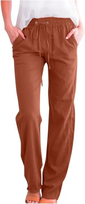 Women's Cotton Linen Pants 2025 Summer Wide Leg Casual Loose Pants Drawstring High Waist Trousers with Pockets