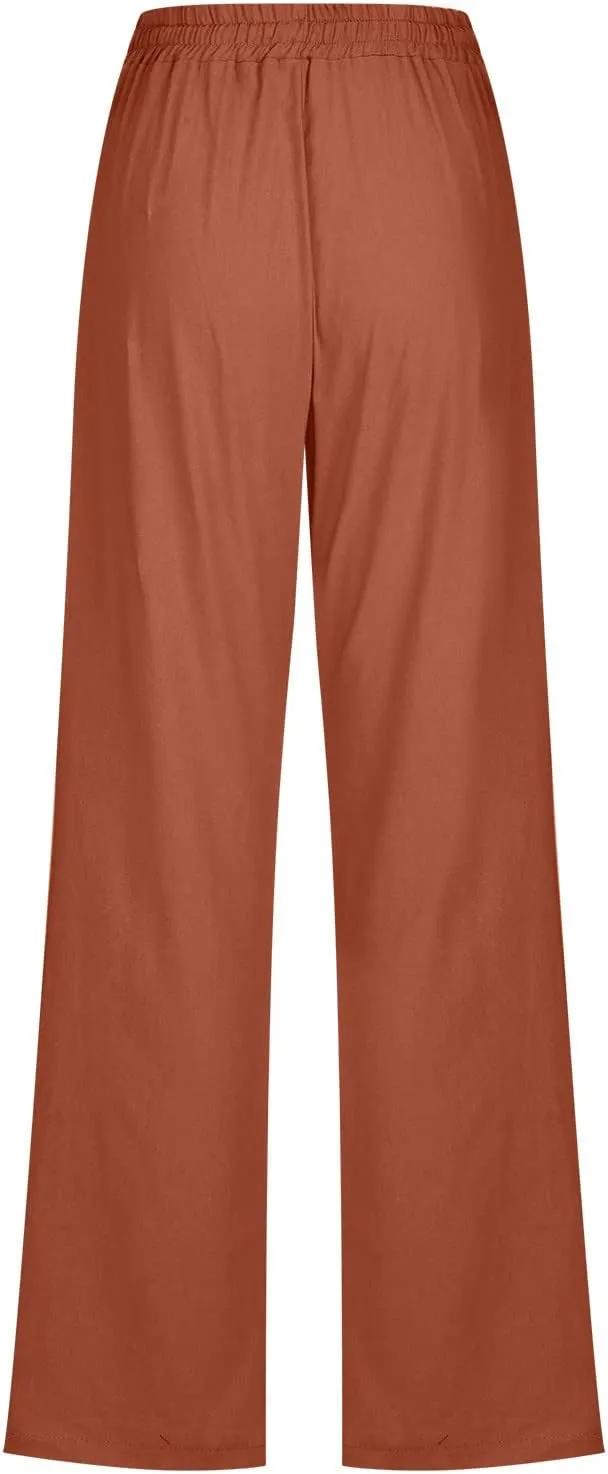 Women's Cotton Linen Pants 2025 Summer Wide Leg Casual Loose Pants Drawstring High Waist Trousers with Pockets