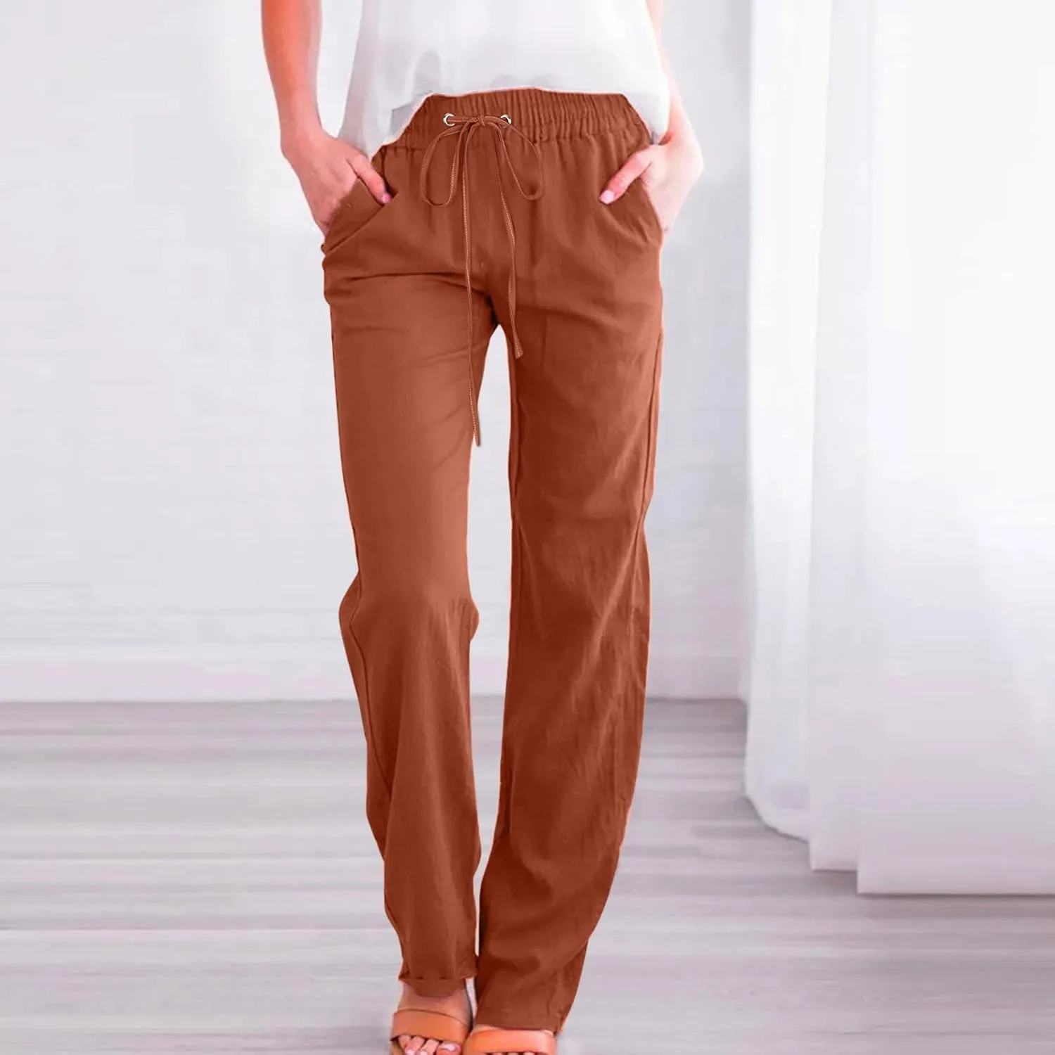 Women's Cotton Linen Pants 2025 Summer Wide Leg Casual Loose Pants Drawstring High Waist Trousers with Pockets