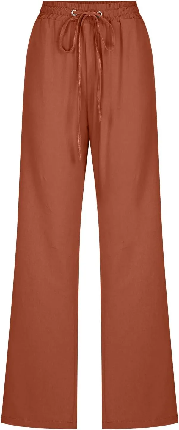 Women's Cotton Linen Pants 2025 Summer Wide Leg Casual Loose Pants Drawstring High Waist Trousers with Pockets