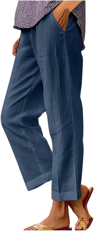 Women's Cotton Linen Pants Summer Trendy Straight Leg Pants Plus Size Elastic High Waist Lightweight Palazzo Trousers